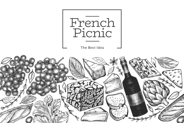 Francuski Wzór Ilustracji Żywności Ręcznie Rysowane Wektorowe Ilustracje Posiłków Piknikowych — Wektor stockowy
