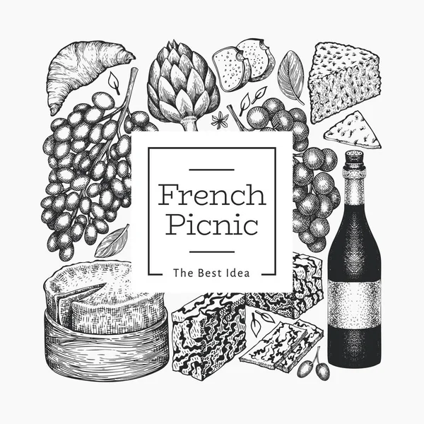 法国食品插图设计模板 手绘矢量野餐餐插图 雕刻风格不同的小吃和葡萄酒横幅 复古食品背景 — 图库矢量图片