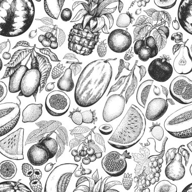Meyveler ve böğürtlenler pürüzsüz. El çizimi tropik meyve çizimi. İşlenmiş stil meyve. Retro egzotik yemek afişi.