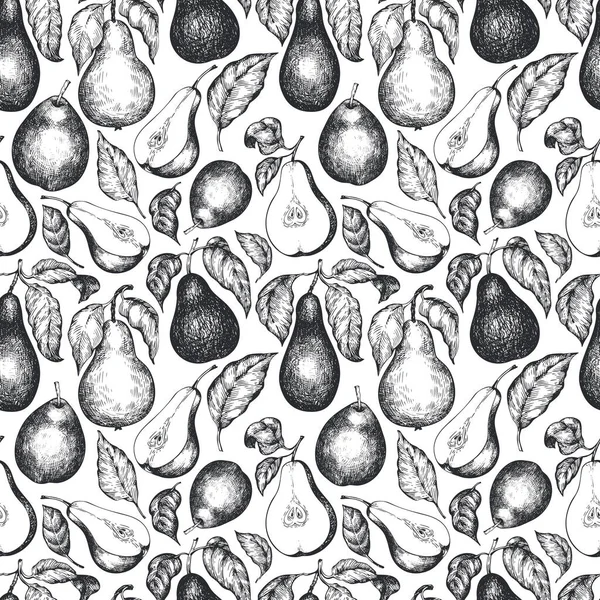 Pear with leaves seamless pattern. Hand drawn vector garden fruit illustration. Engraved style fruit design. Retro botanical background.