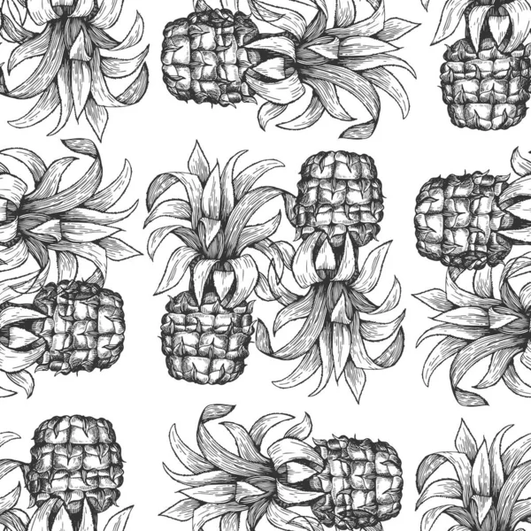 Pineapple seamless pattern. Hand drawn vector tropical fruit illustration. Engraved style ananas fruit. Retro botanical background.