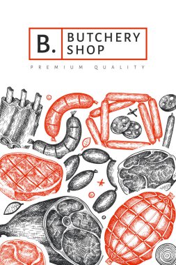 Vintage vektör et ürünleri tasarım şablonu. El yapımı jambon, sosis, jambon, baharat ve otlar. Çiğ gıda malzemeleri. Retro illüstrasyon. Restoran menüsü için kullanılabilir.