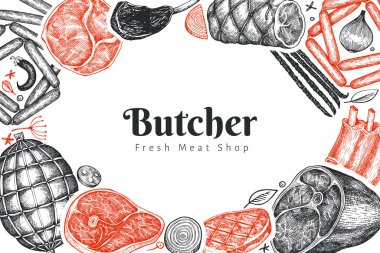 Vintage vektör et ürünleri tasarım şablonu. El yapımı jambon, sosis, jambon, baharat ve otlar. Çiğ gıda malzemeleri. Retro illüstrasyon. Restoran menüsü için kullanılabilir.