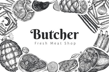 Vintage vektör et ürünleri tasarım şablonu. El yapımı jambon, sosis, jambon, baharat ve otlar. Çiğ gıda malzemeleri. Retro illüstrasyon. Restoran menüsü için kullanılabilir.