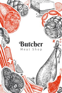 Vintage vektör et ürünleri tasarım şablonu. El yapımı jambon, sosis, jambon, baharat ve otlar. Çiğ gıda malzemeleri. Retro illüstrasyon. Restoran menüsü için kullanılabilir.