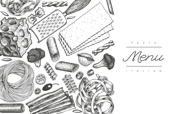 Итальянская Паста Дополнениями Дизайн Шаблона Ручной Рисунок Векторной Пищи Выгравированный — стоковое фото