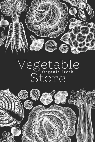 Hand drawn sketch vegetables design. Organic fresh food vector banner template. Retro vegetable background. Engraved style botanical illustrations on chalk board.