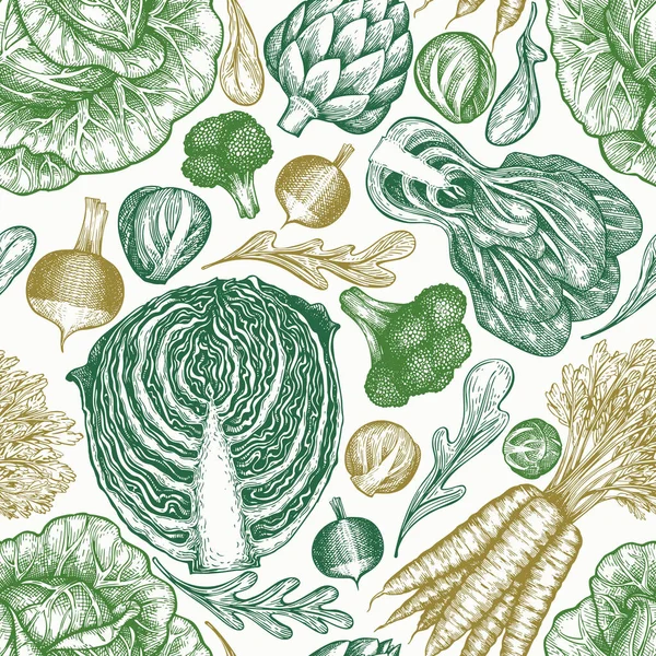 手绘素描蔬菜 有机新鲜食品载体无缝模式 复古蔬菜背景 雕刻风格的植物学插图 — 图库照片