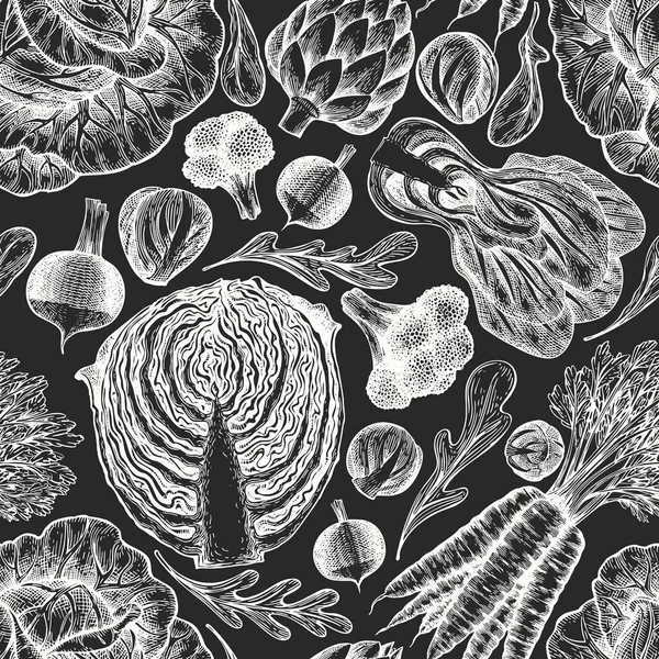 Hand drawn sketch vegetables. Organic fresh food vector seamless pattern. Retro vegetable background. Engraved style botanical illustrations on chalk board.
