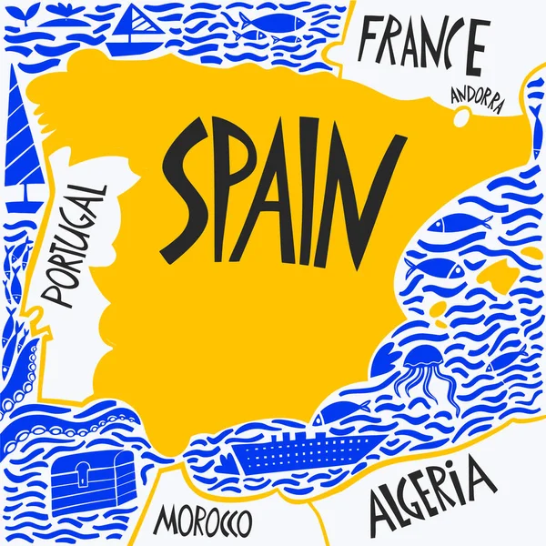 Vector Hand Drawn Stylized Map Spain Travel Illustration Spain Kingdom — Stock Photo, Image