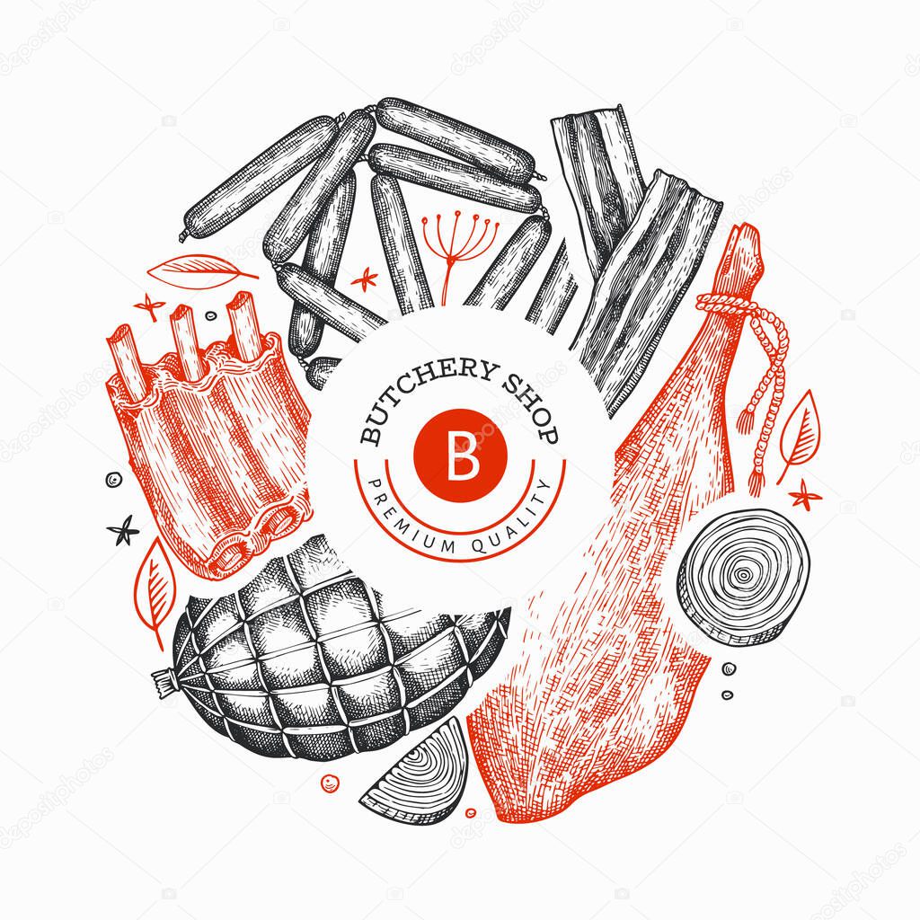 Vintage vector meat products design template. Hand drawn ham, sausages, jamon, spices and herbs. Raw food ingredients. Retro illustration. Can be use for restaurant menu.