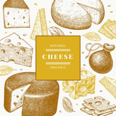 Peynir tasarım şablonu. El çizimi vektör sütçü çizimi. İşlenmiş stil farklı peynir türleri afişi. Retro gıda arka planı.