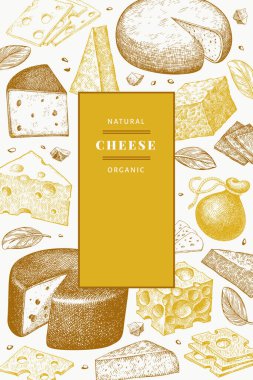 Peynir tasarım şablonu. El çizimi vektör sütçü çizimi. İşlenmiş stil farklı peynir türleri afişi. Retro gıda arka planı.