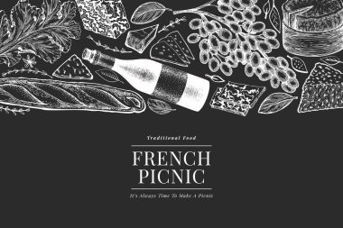 Fransız yemek tasarım şablonu. Tebeşir tahtasında el çizimi vektör piknik resimleri. İşlenmiş stil farklı aperatif ve şarap afişi. Retro gıda arka planı.