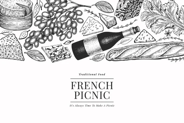 Francia Élelmiszer Illusztráció Design Sablon Kézzel Rajzolt Vektoros Piknik Étkezés — Stock Vector