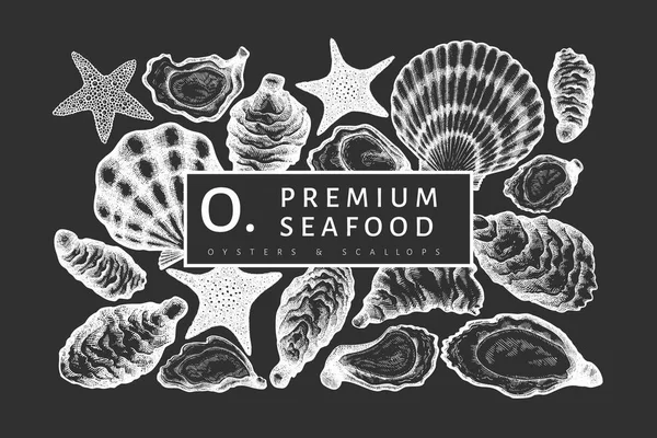 Austern Design Vorlage Handgezeichnete Vektorillustration Auf Kreidetafel Seafood Banner Kann — Stockvektor