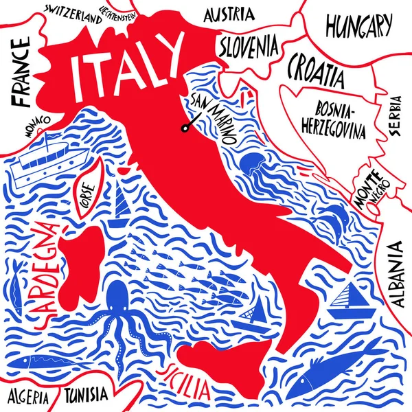 Vector Handgezeichnete Stilisierte Landkarte Von Italien Reiseillustration Der Italienischen Republik — Stockvektor