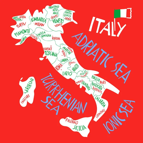Wektor Ręcznie Rysowane Stylizowane Mapy Republiki Włoskiej Podróżować Ilustracja Włochy — Wektor stockowy