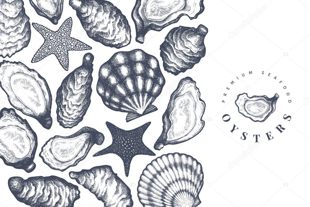 Oysters design template. Hand drawn vector illustration. Seafood banner. Can be used for design menu, packaging, recipes, fish market, seafood products.