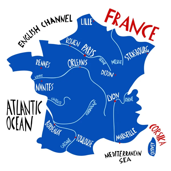 Vector Handgezeichnete Stilisierte Landkarte Von Frankreich Reiseillustration Mit Französischen Städtenamen — Stockvektor