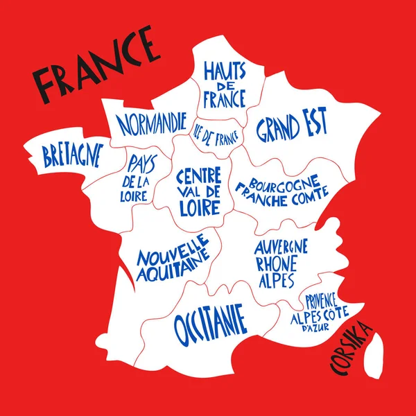 Vector Handgezeichnete Stilisierte Landkarte Von Frankreich Reiseillustration Mit Französischen Regionennamen — Stockvektor