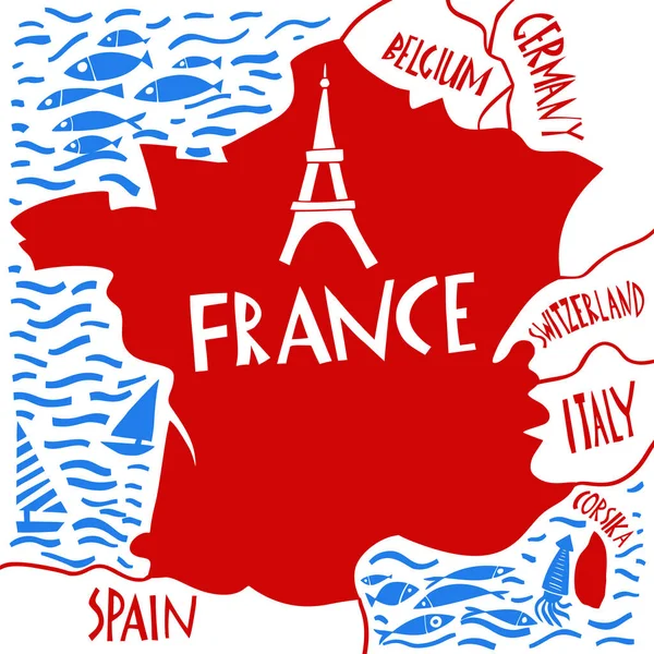 Vector Handgezeichnete Stilisierte Landkarte Von Frankreich Reiseillustration Mit Wasser Und — Stockvektor