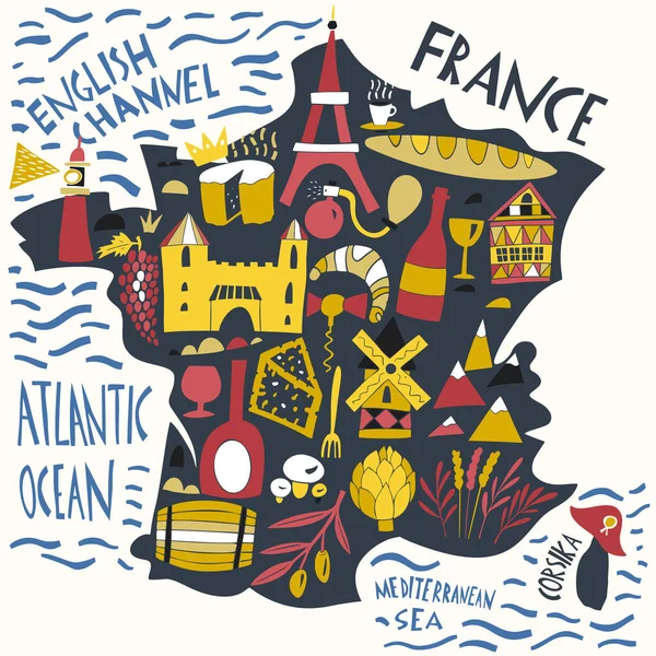 Vector Handgezeichnete Stilisierte Landkarte Von Frankreich Reiseillustration Mit Französischen Sehenswürdigkeiten — Stockvektor