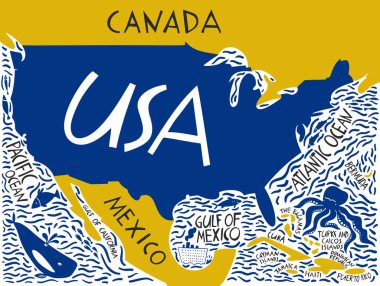 Vektör el, Amerika Birleşik Devletleri 'nin stilize edilmiş haritasını çizdi. ABD 'nin komşu ülkeler ve sularla seyahat çizelgesi. El çizimi resimli harfler. Kuzey Amerika harita ögesi