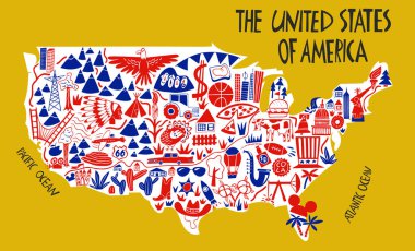 Vektör el, Amerika Birleşik Devletleri 'nin stilize edilmiş haritasını çizdi. ABD simgelerinin seyahat çizelgesi. El çizimi resimli harfler. Kuzey Amerika harita ögesi