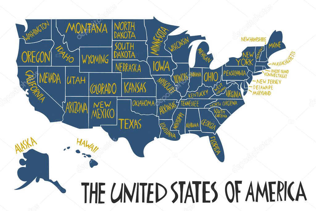 Vector hand drawn stylized map of The United States of America. Travel illustration of USA states. Hand drawn lettering illustration. North America map element