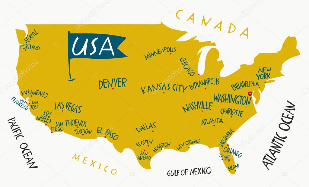 Vector hand drawn stylized map of The United States of America. Travel illustration of USA cities. Hand drawn lettering illustration. North America map element