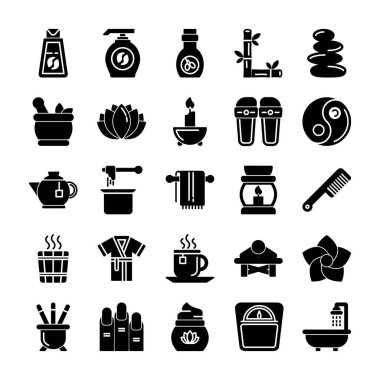 Basit SPA vektör katı simgeler kümesi. Masaj, Mum, Sauna ve daha fazlası gibi simgeler içerir.