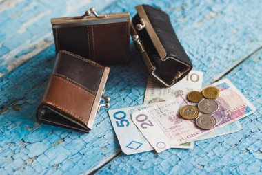 Ahşap arka plan üzerinde cüzdan ile Polonya Zlotisi