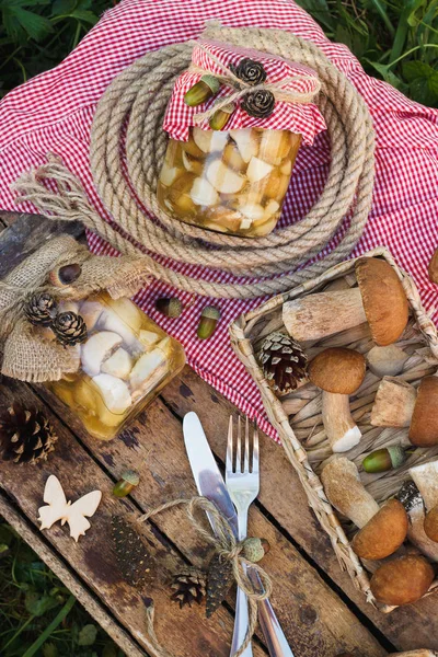 Çiğ beyaz mantar, çam kozalakları ve dekorasyon