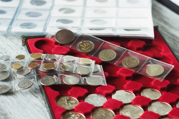 Колекційні монети в коробці для монет і сторінки з кишенями — стокове фото