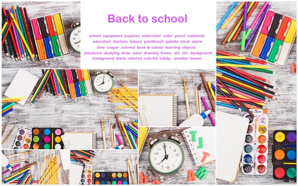 Conjunto de diferentes útiles escolares: lápices, cuadernos, marcadores y conjunto de acuarelas — Foto de Stock