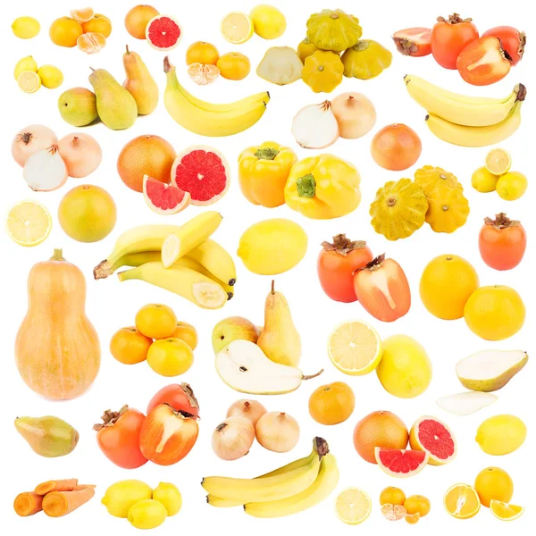 Verschiedene gelbe und orangefarbene Früchte und Gemüse, isoliert — Stockfoto