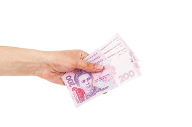 İki yüz hryvnias beyaz izole kadının elinde