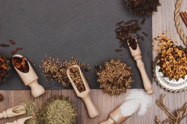 Tasarlayacağım kayrak slone arka plan üzerinde ahşap Kepçe içinde farklı baharatlar