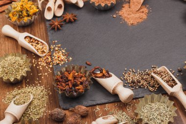 Tasarlayacağım kayrak slone arka plan üzerinde ahşap Kepçe içinde farklı baharatlar