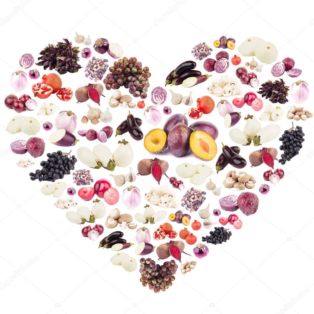 Different violet fruits and vegetables in the shape of the heart, isolated