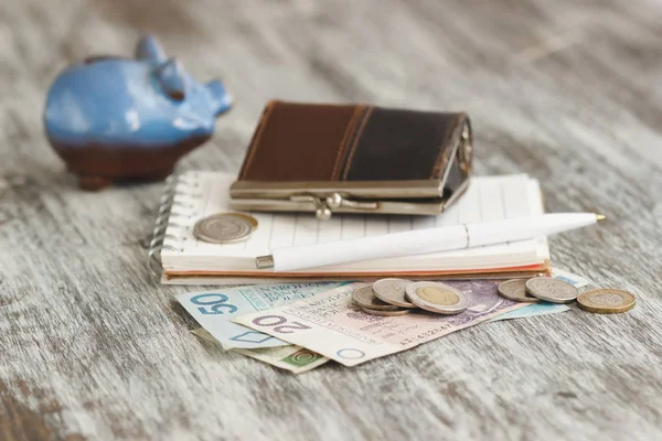 Küçük cüzdan ve kumbara ahşap arka plan üzerinde Polonya Zlotisi