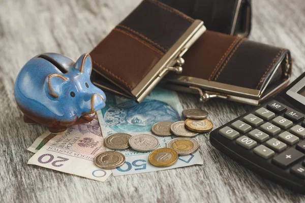 Polierter Zloty mit kleinen Portemonnaies, Sparschwein und Taschenrechner auf dem hölzernen Hintergrund — Stockfoto
