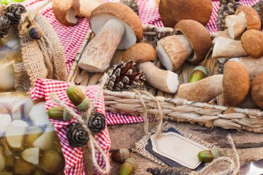 Çiğ beyaz mantar, çam kozalakları ve dekoratif etiketi