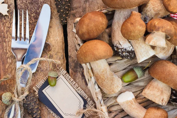 Çiğ beyaz mantar, çam kozalakları ve dekoratif etiketi