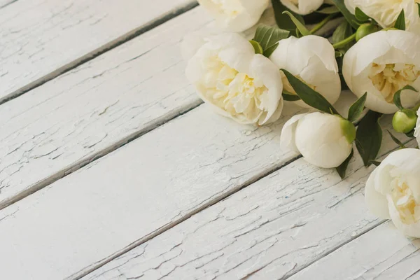 Eski Beyaz ahşap kurullarında beyaz peonies buket