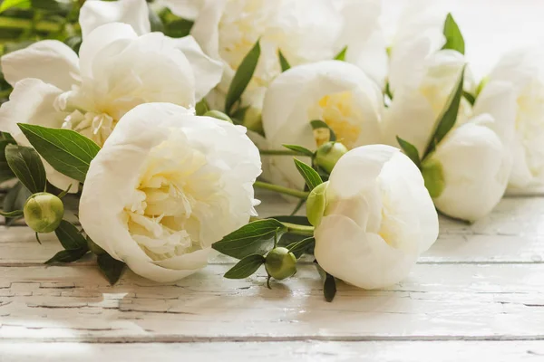Eski Beyaz ahşap kurullarında beyaz peonies buket