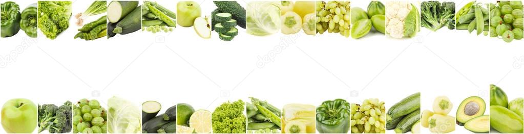 Background from different green vegetables and fruits, isolated on white
