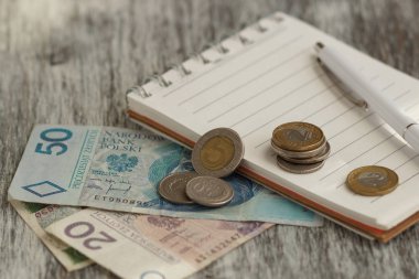 Polonya Zlotisi, defter ve kalem ahşap arka plan üzerinde