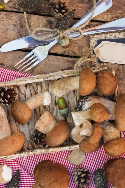 Çiğ beyaz mantar, çam kozalakları ve dekoratif etiketi